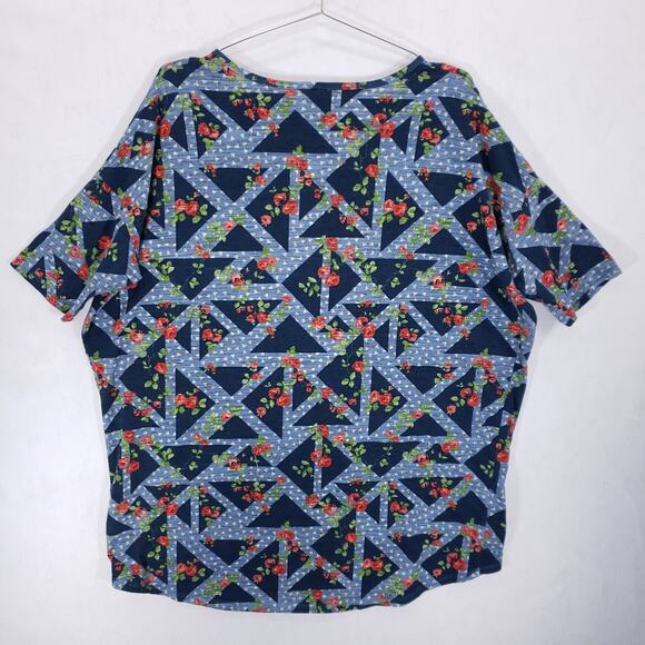 LuLaRoe Blouse Womens Large Blue Geometric Floral Rose Print Pullover Tunic Top - Picture 3 of 4